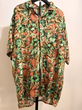 Tropical Print Short-Sleeve Button-Down Shirt - Green/Orange